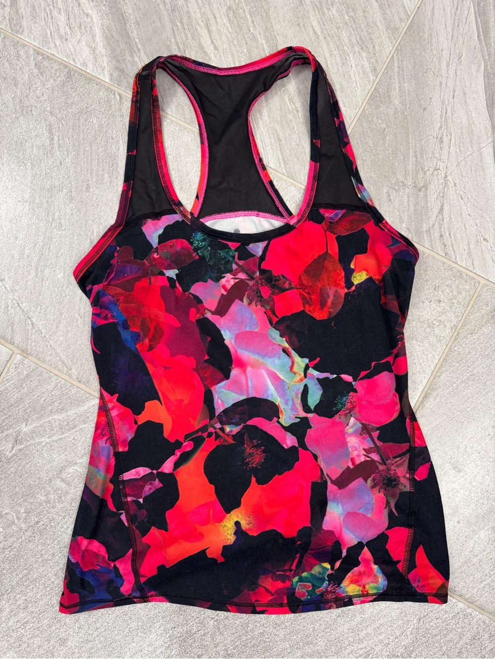 Athleta Black Tank with Bright Pink & Red Floral Accents; lightweight yoga fun